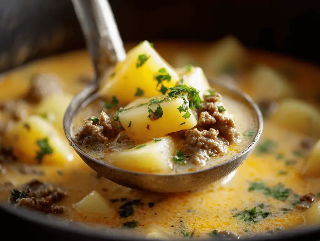 cheesy beef and potato soup - featured image