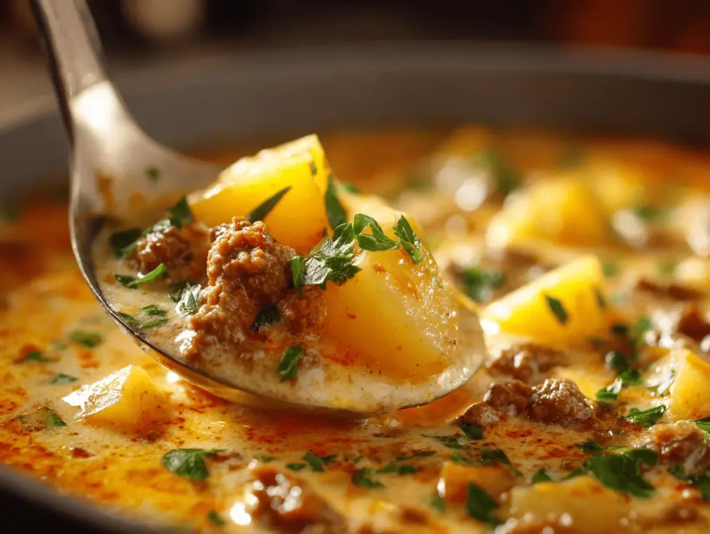 cheesy beef and potato soup - featured image