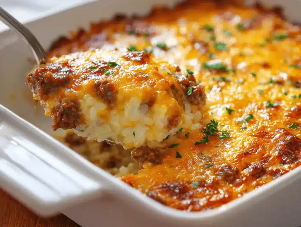cheesy ground beef rice casserole - featured image