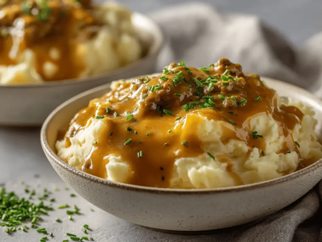 cheesy hamburger gravy mashed potato bowls - featured image