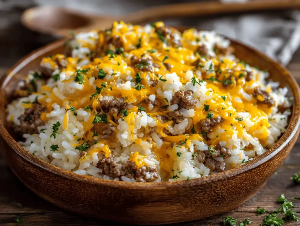 cheesy hamburger rice casserole - featured image