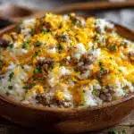 cheesy hamburger rice casserole - featured image