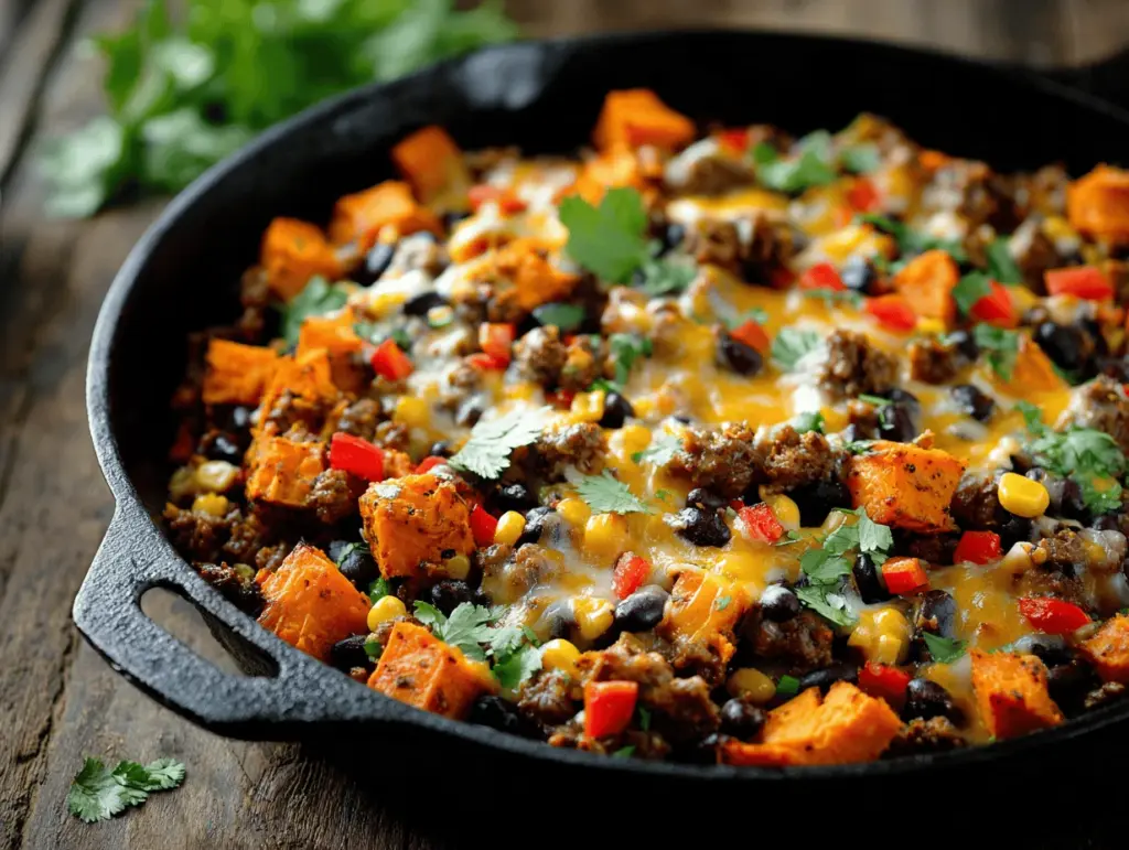 Cheesy Southwest Ground Beef Sweet Potato Skillet Bake - featured image