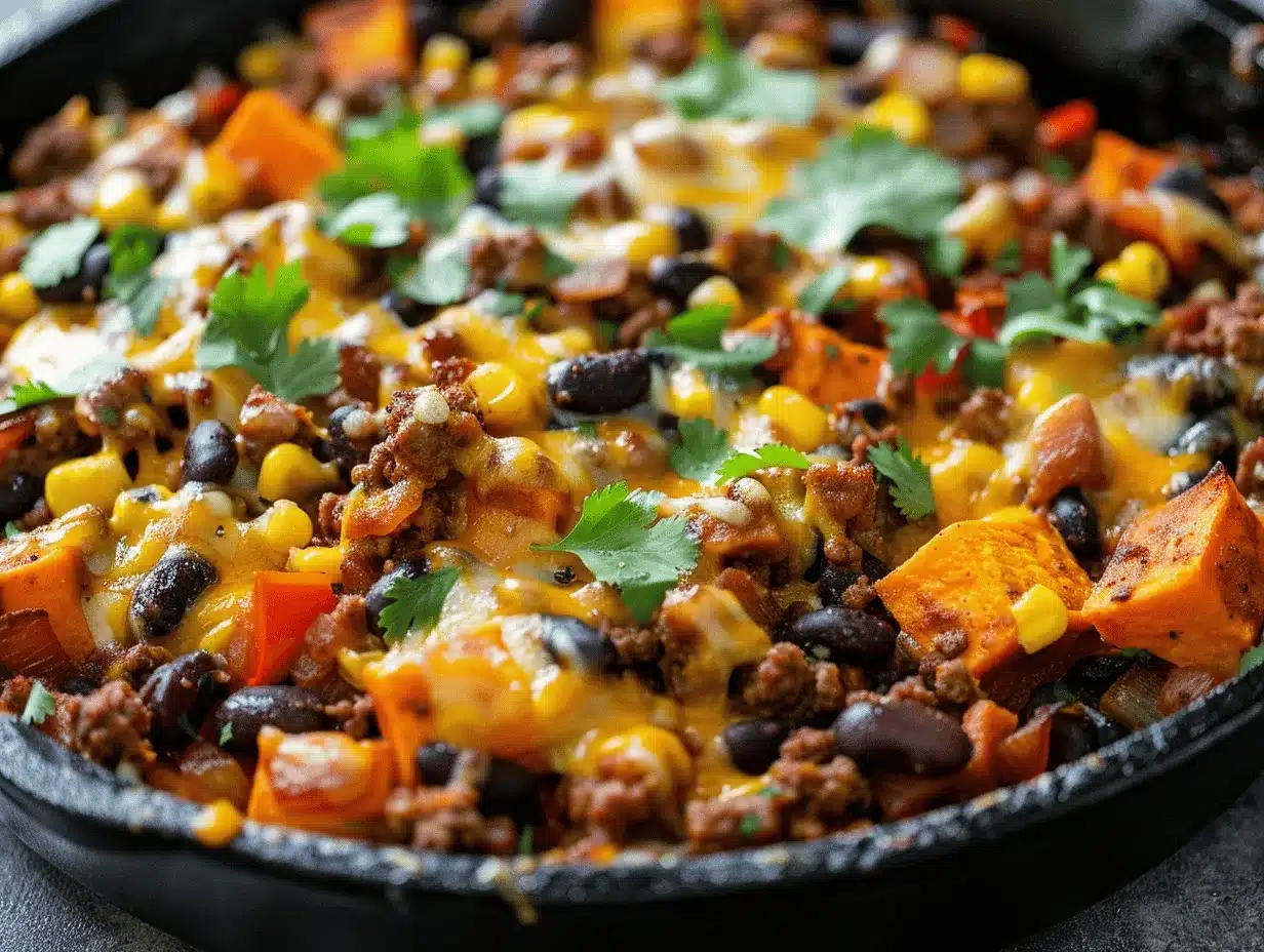 Cheesy Southwest Ground Beef Sweet Potato Skillet Bake preparation steps