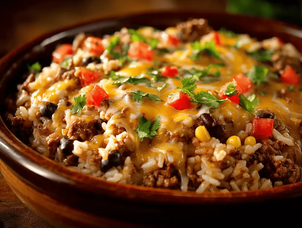 cheesy taco rice casserole - featured image