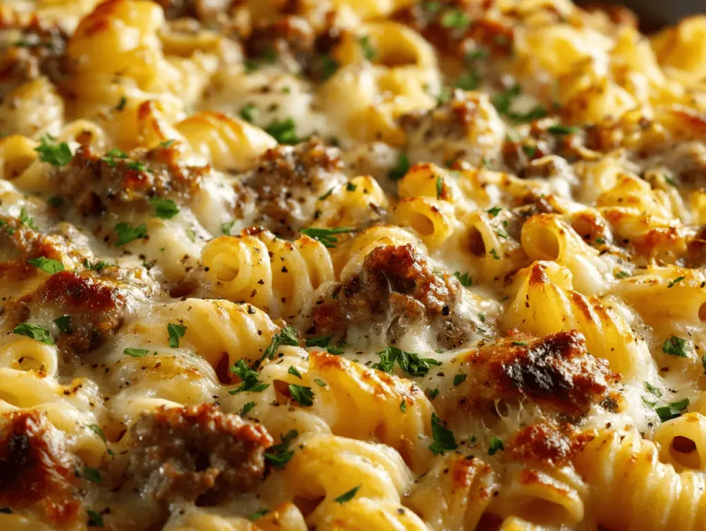 creamy garlic butter beef pasta bake - featured image