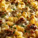 creamy garlic butter beef pasta bake - featured image