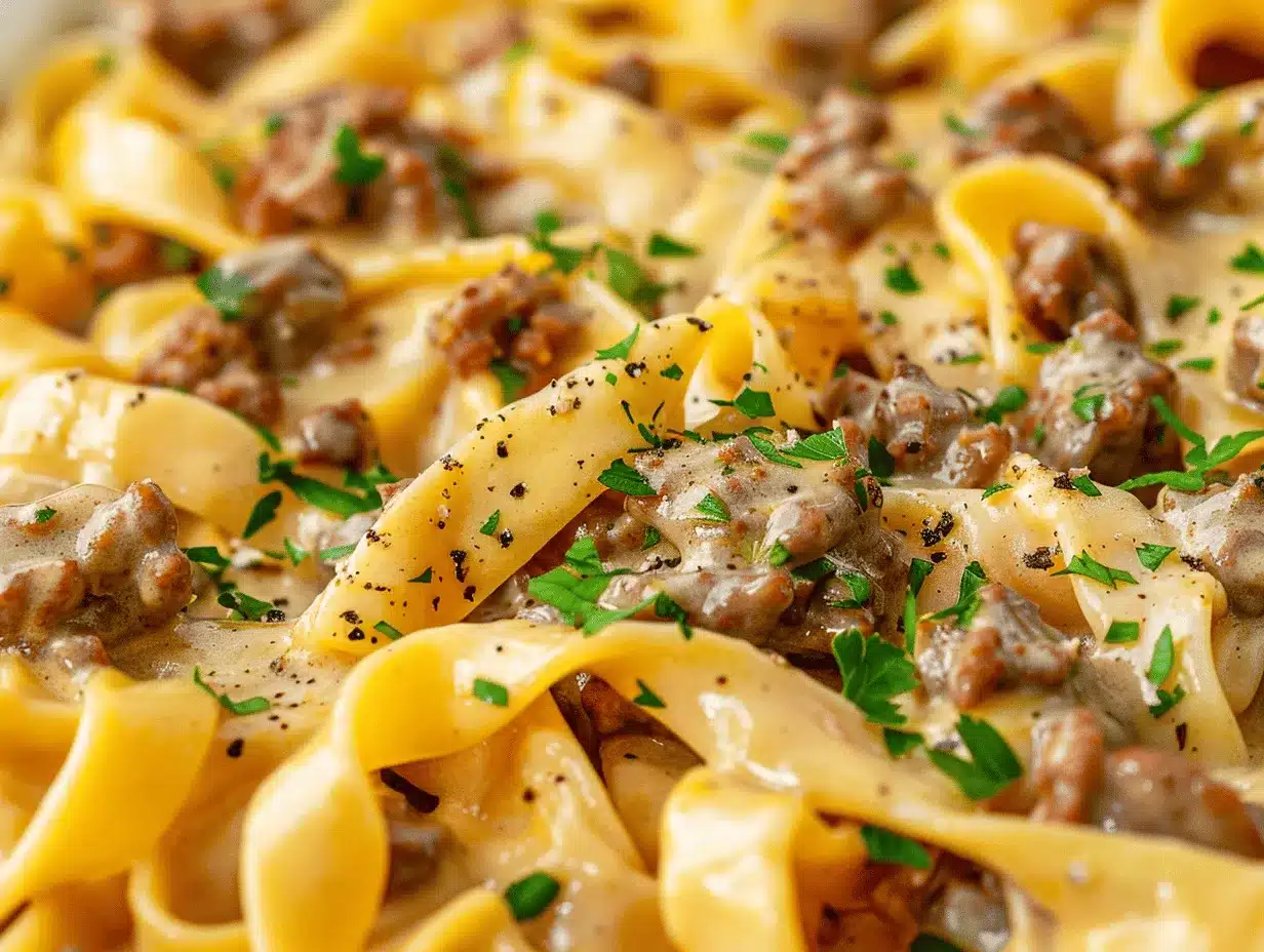 creamy garlic butter beef pasta bake preparation steps