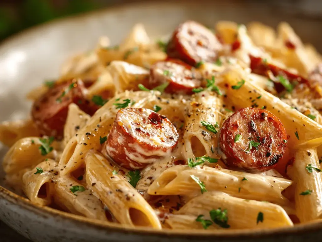 creamy smoked sausage pasta - featured image