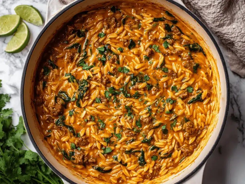 creamy taco orzo skillet - featured image