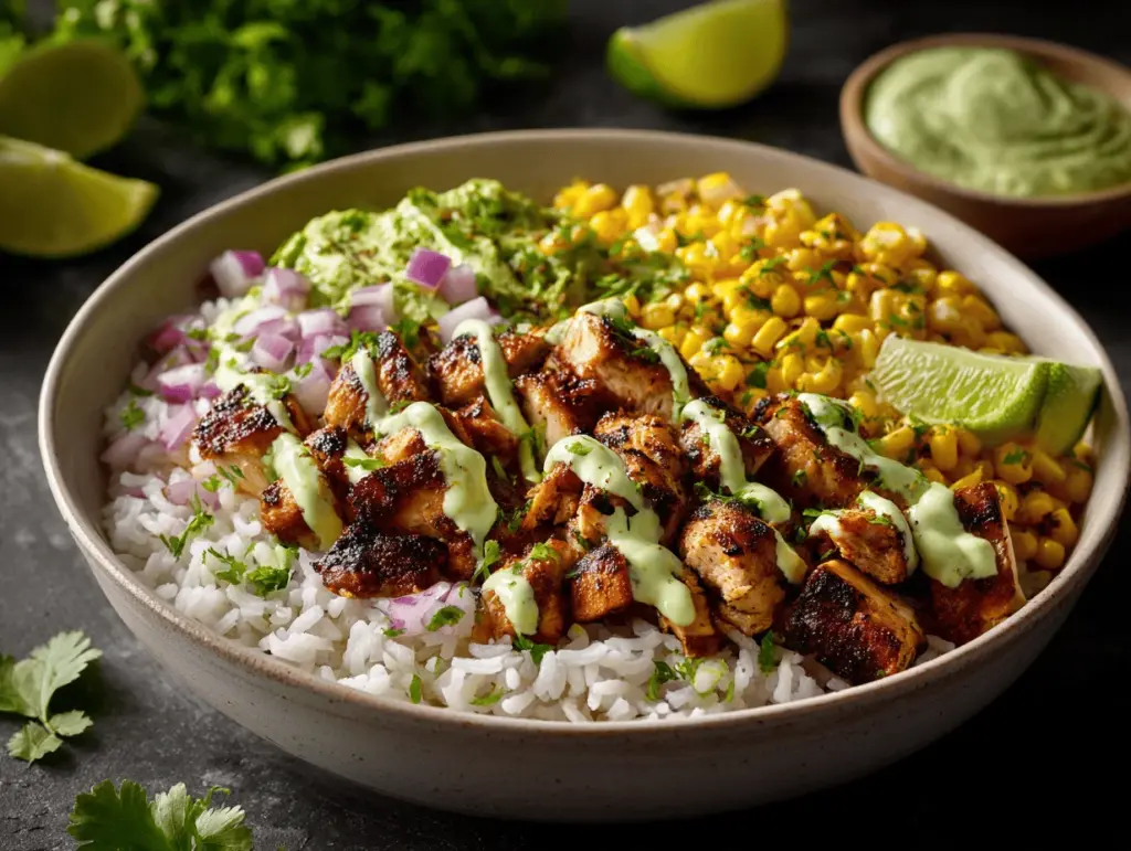elote chicken rice bowls - featured image
