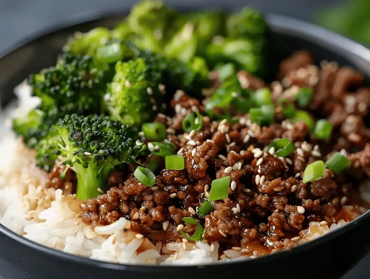 Korean ground beef broccoli rice bowl preparation steps