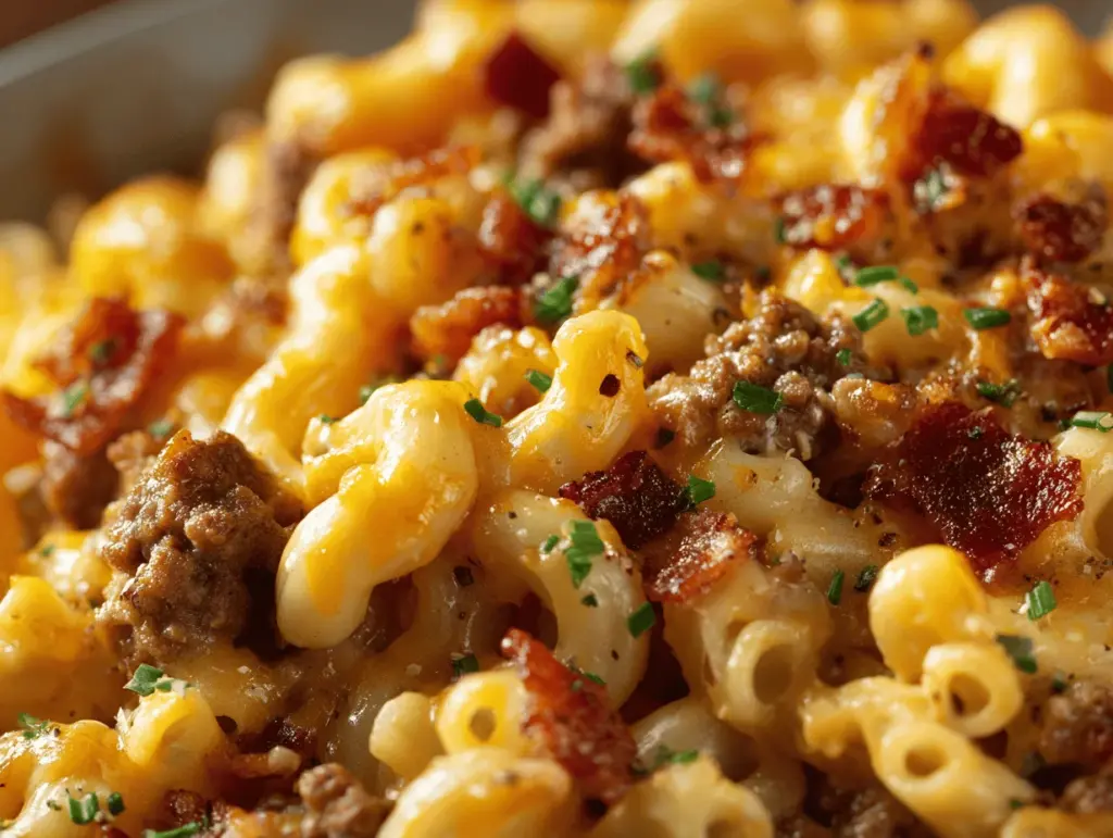 loaded bacon cheeseburger mac and cheese casserole - featured image