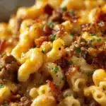 loaded bacon cheeseburger mac and cheese casserole - featured image