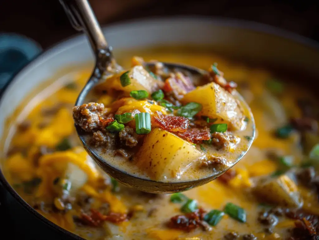 loaded cheeseburger potato soup - featured image