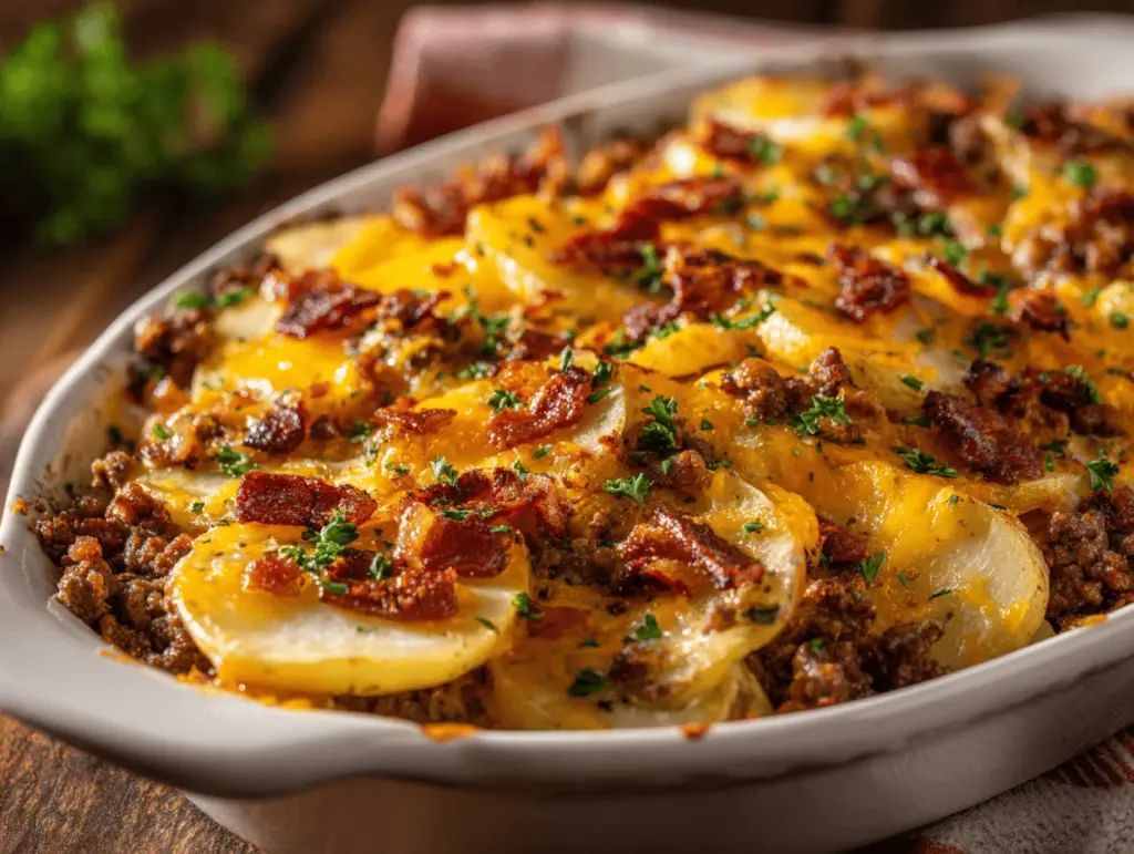 loaded cheesy bacon ranch potato ground beef casserole - featured image