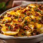loaded cheesy bacon ranch potato ground beef casserole - featured image