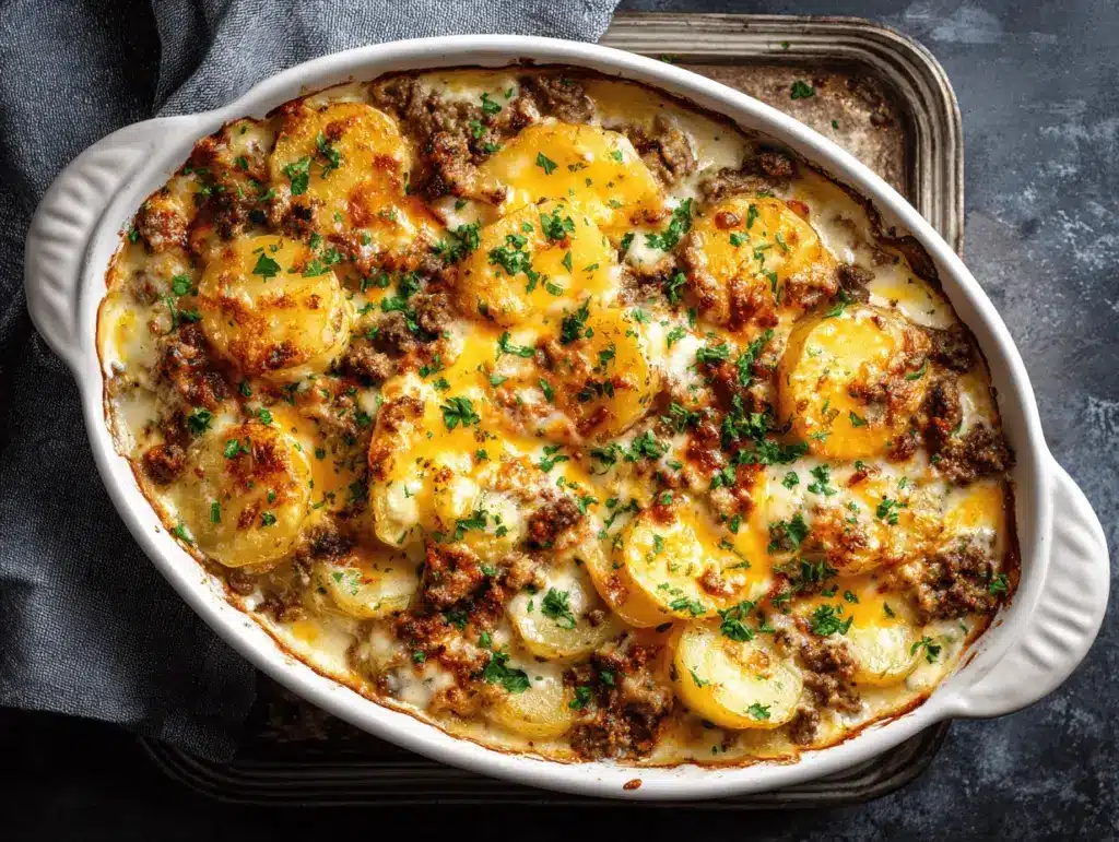 loaded cheesy ranch potato and beef casserole - featured image
