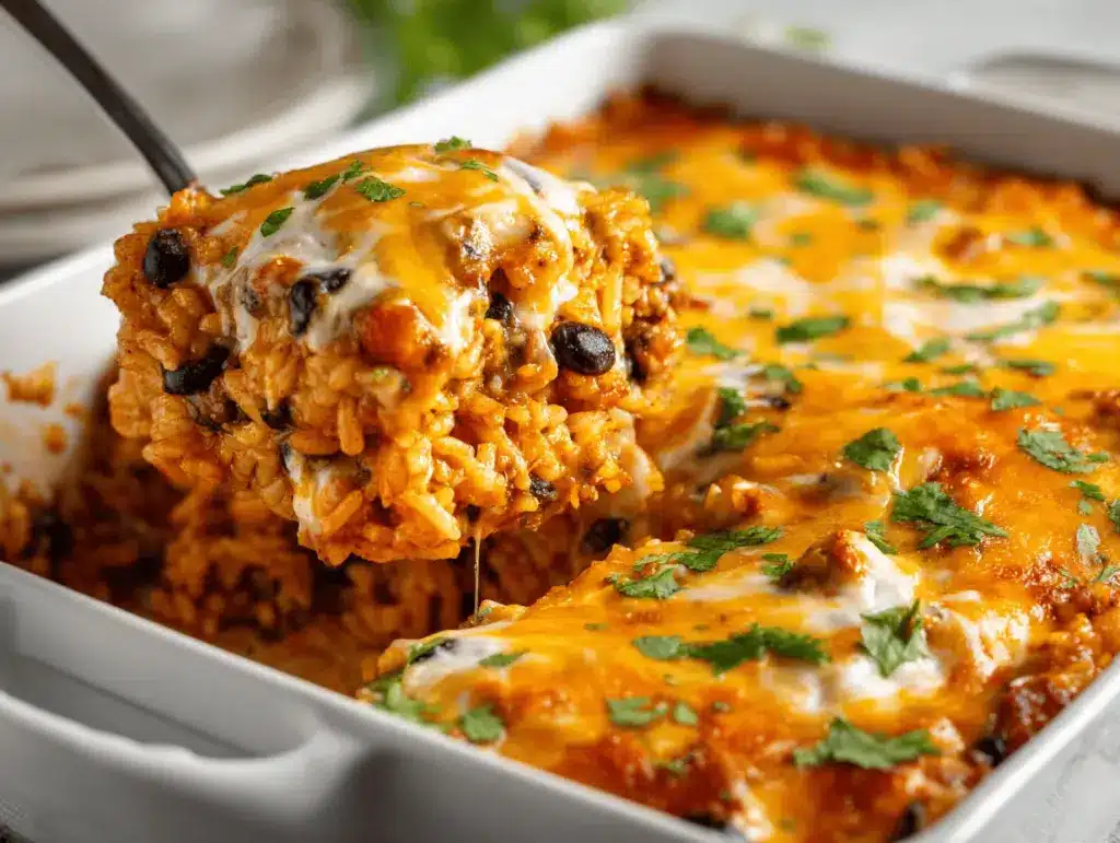 Mexican cheesy taco rice casserole - featured image