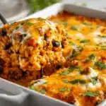 Mexican cheesy taco rice casserole - featured image