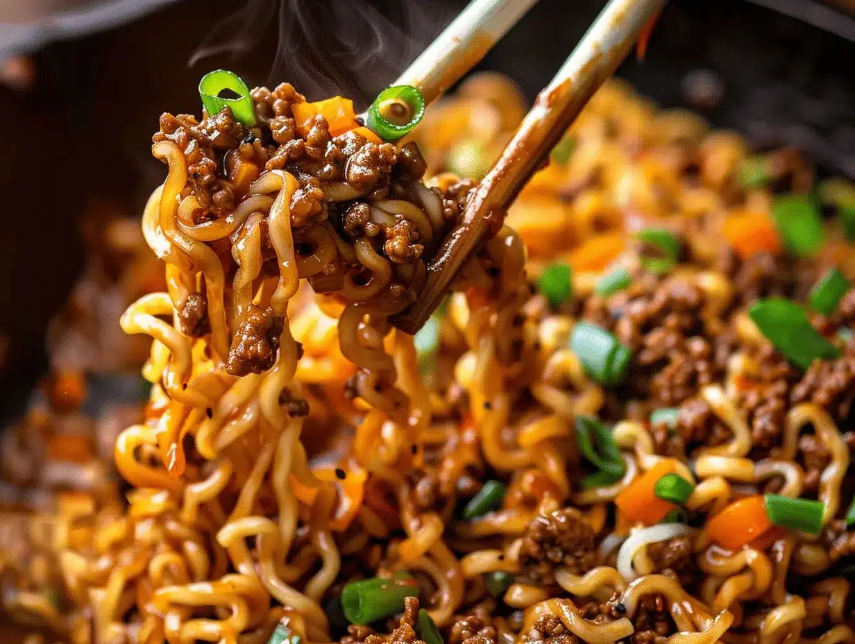 Mongolian ground beef ramen skillet preparation steps