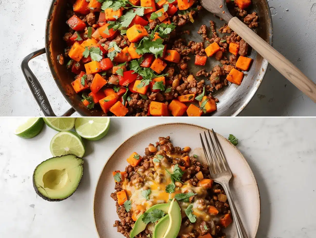 Southwest ground beef sweet potato skillet preparation steps