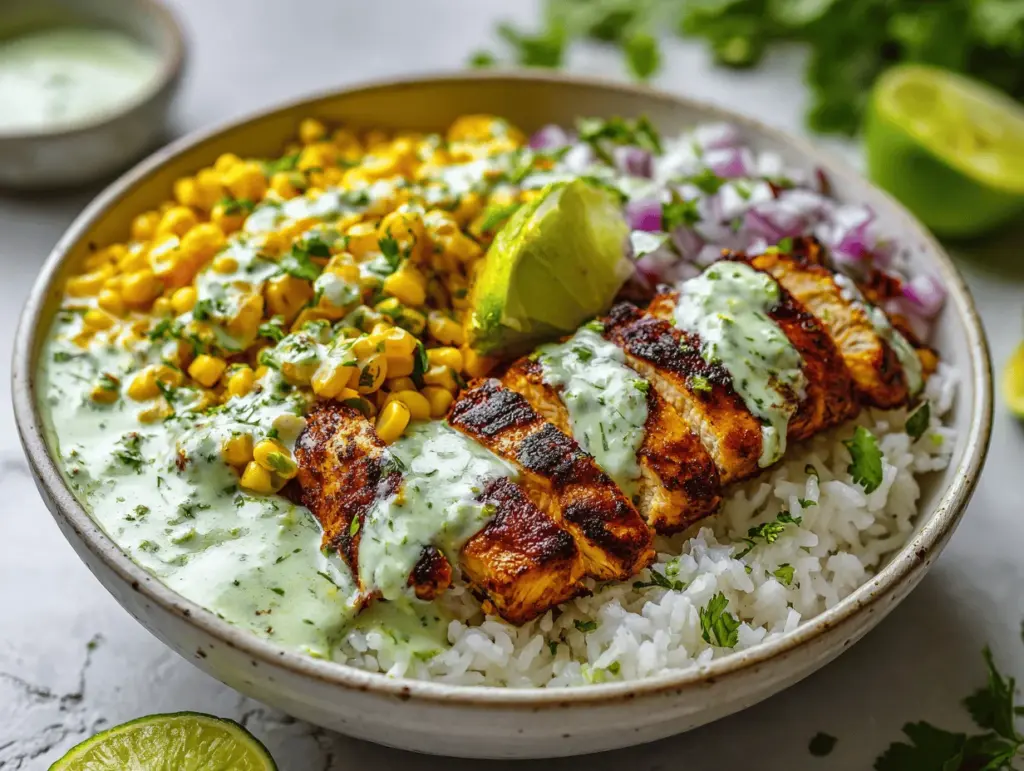 street corn chicken rice bowl - featured image