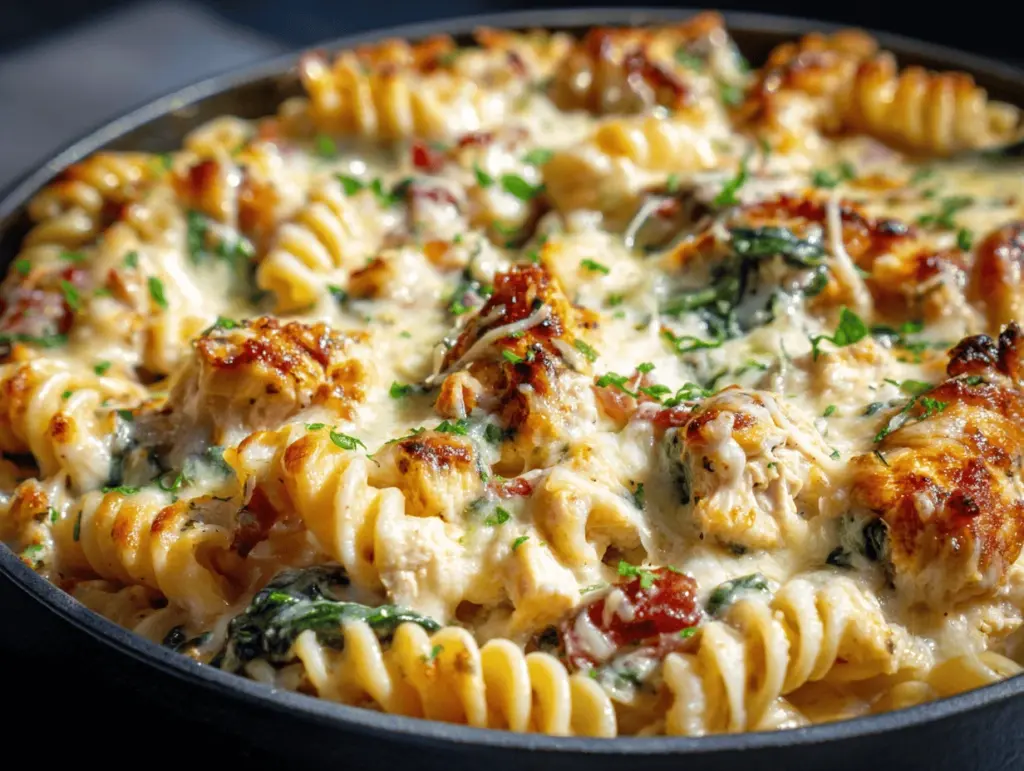 baked creamy Tuscan chicken pasta casserole - featured image