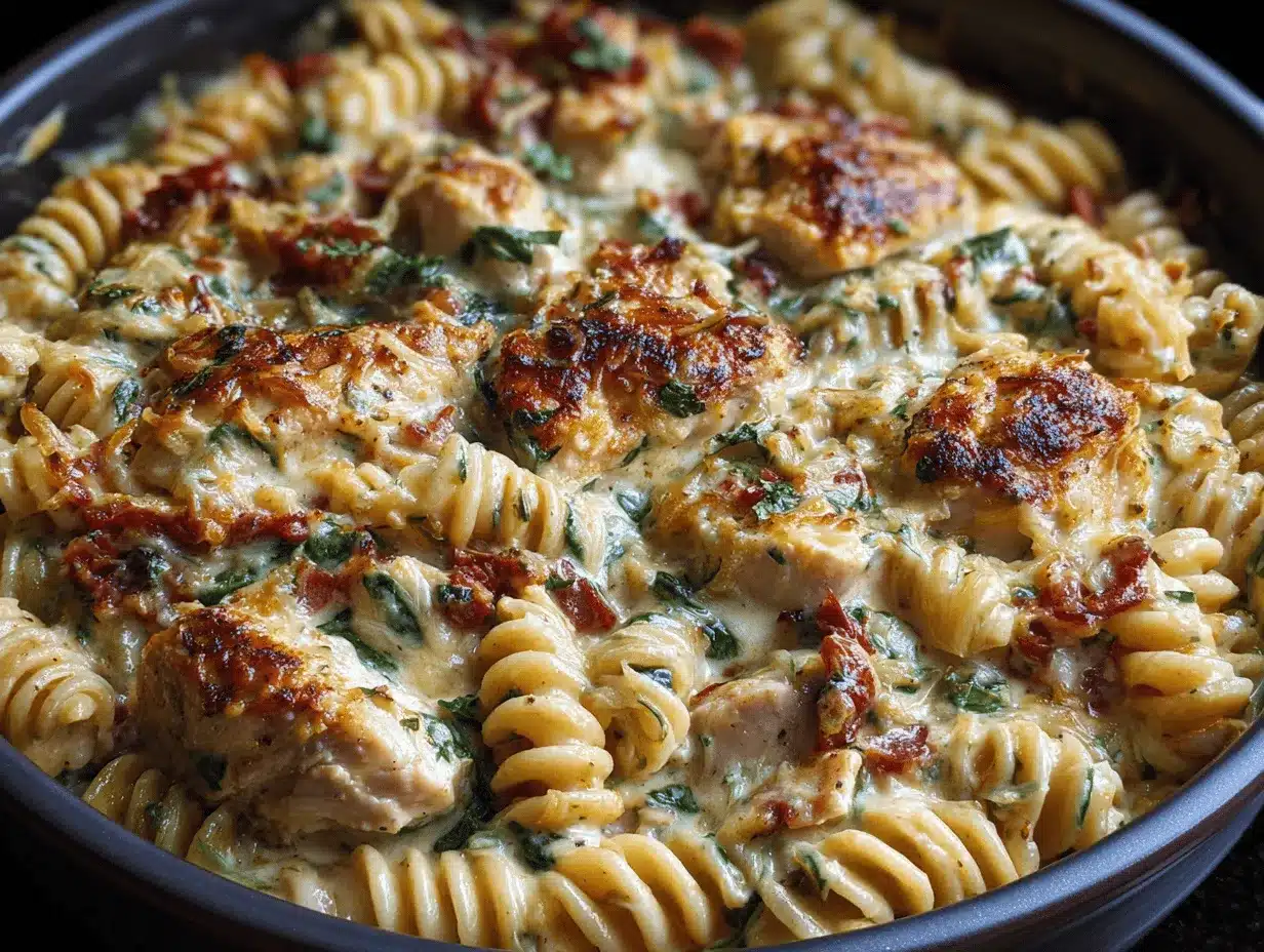 baked creamy Tuscan chicken pasta casserole preparation steps