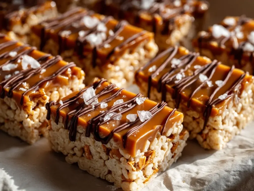 brown butter pretzel salted caramel Rice Krispie treats - featured image