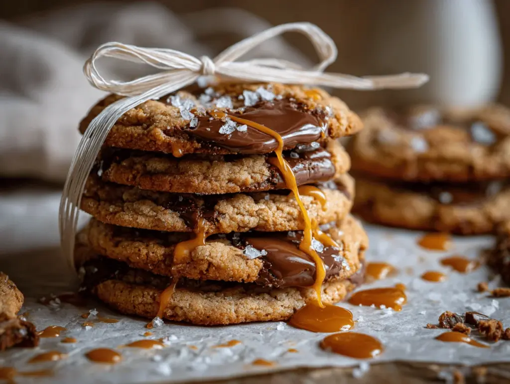 brown butter salted caramel chocolate chip cookies - featured image