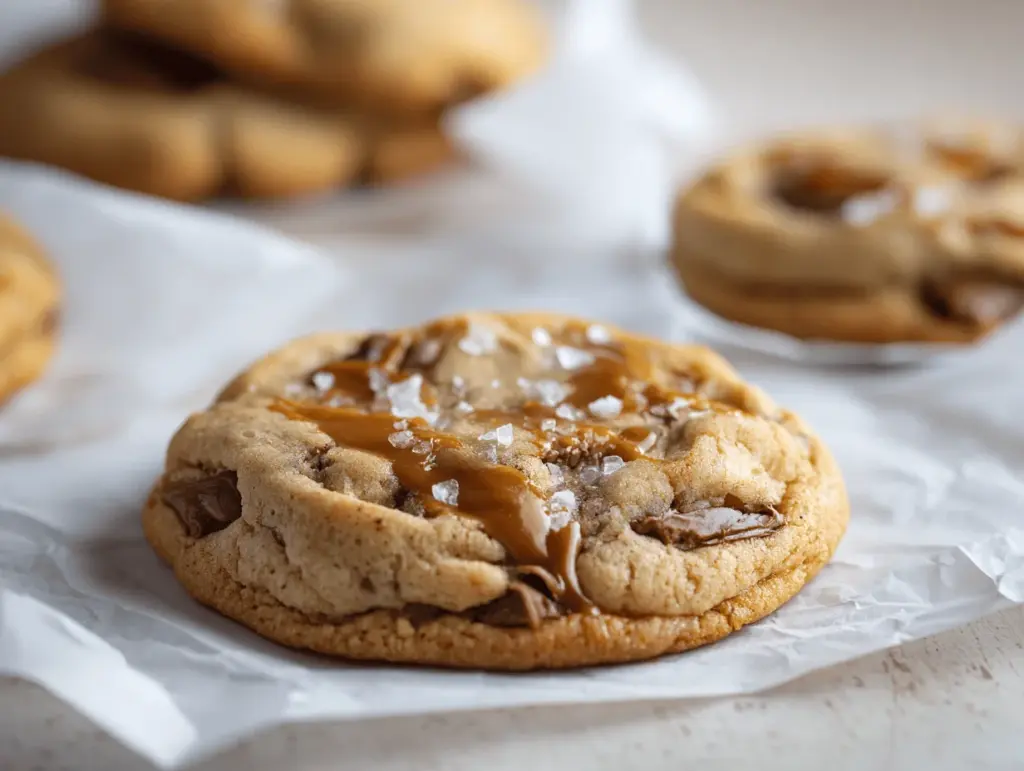 brown butter salted caramel chocolate chip cookies - featured image