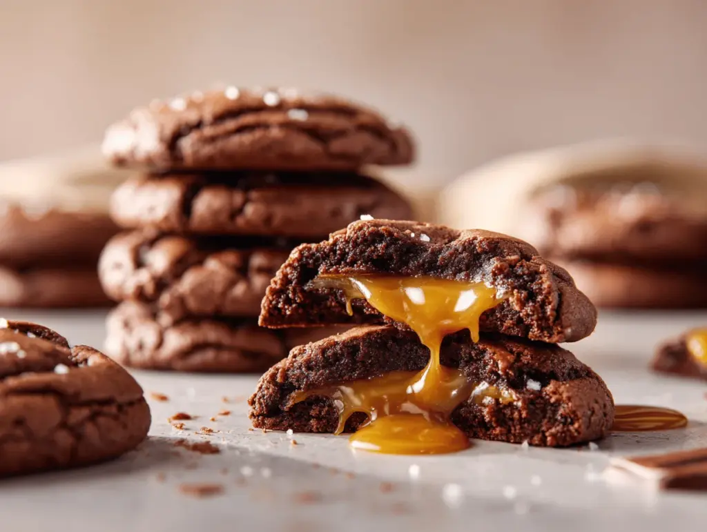 brownie stuffed salted caramel chocolate cookies - featured image