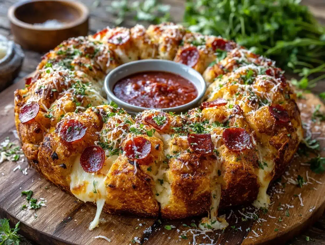 cheesy garlic pepperoni pull-apart bread wreath preparation steps