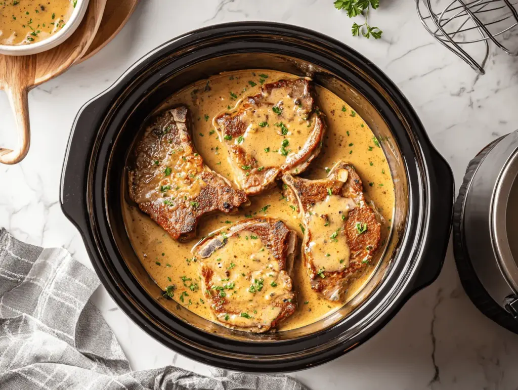 creamy crockpot pork chops - featured image