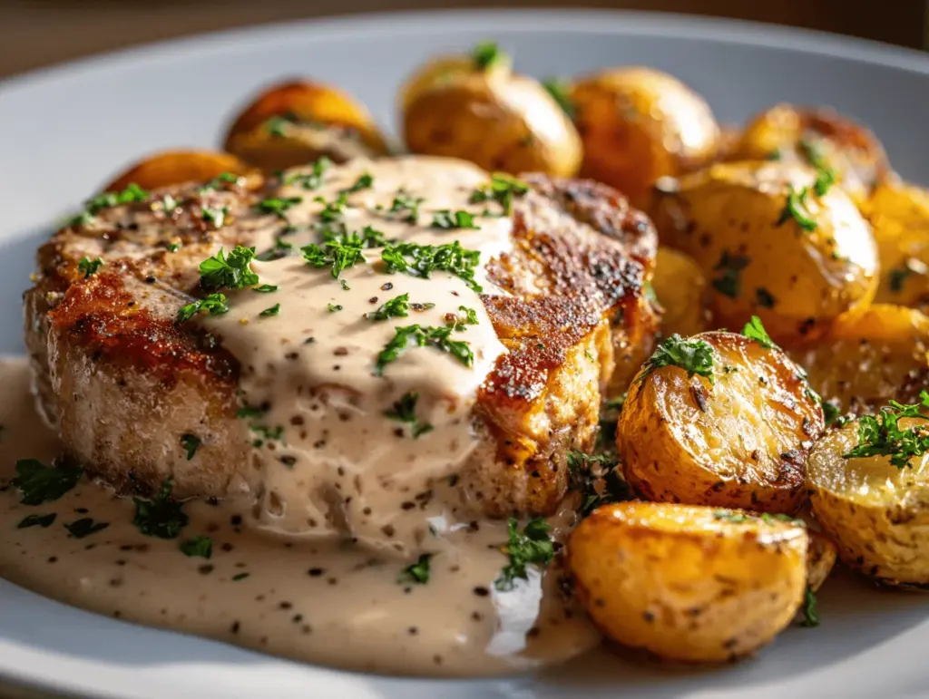creamy garlic parmesan pork chops - featured image