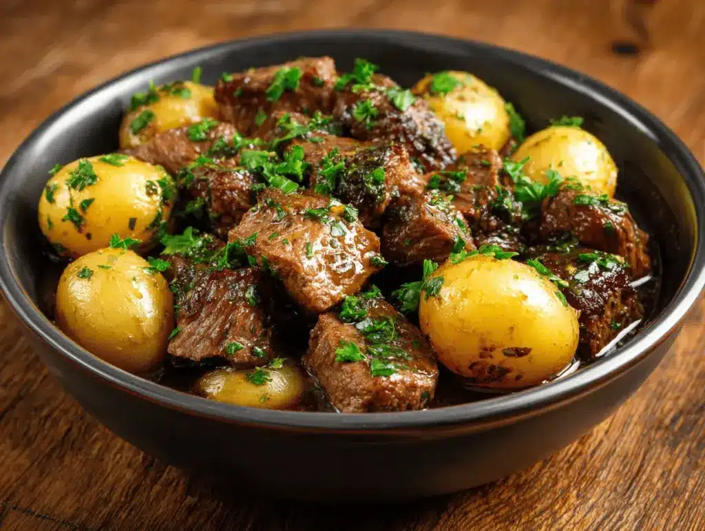 garlic butter steak bites and potatoes - featured image