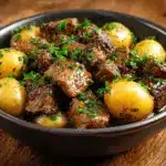 garlic butter steak bites and potatoes - featured image