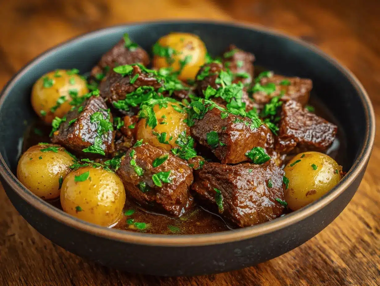 garlic butter steak bites and potatoes preparation steps