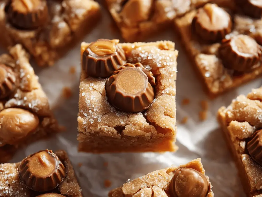 peanut butter blossom cookie bars - featured image