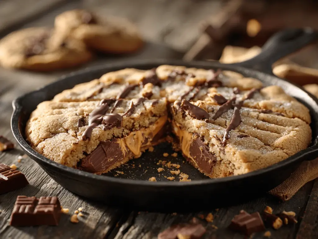 peanut butter cup stuffed skillet cookie - featured image