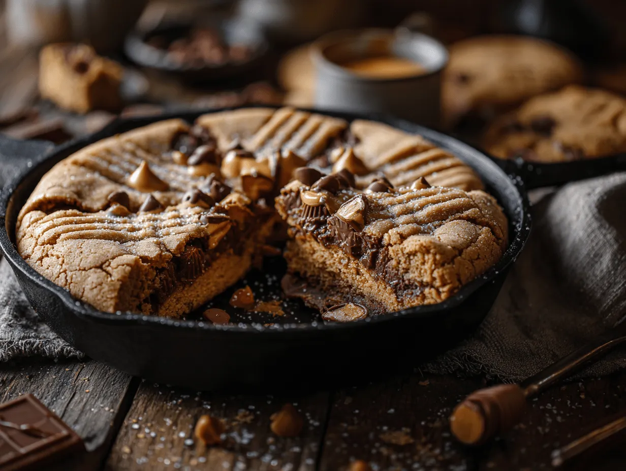 peanut butter cup stuffed skillet cookie preparation steps