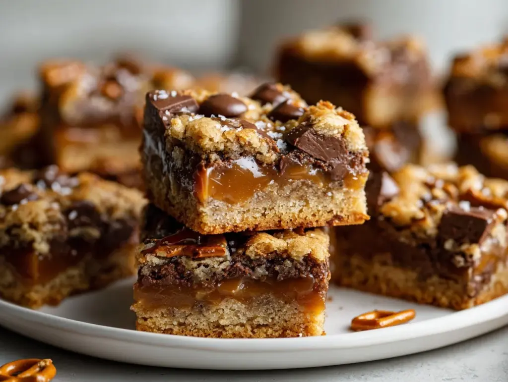salted caramel pretzel chocolate chip cookie bars - featured image