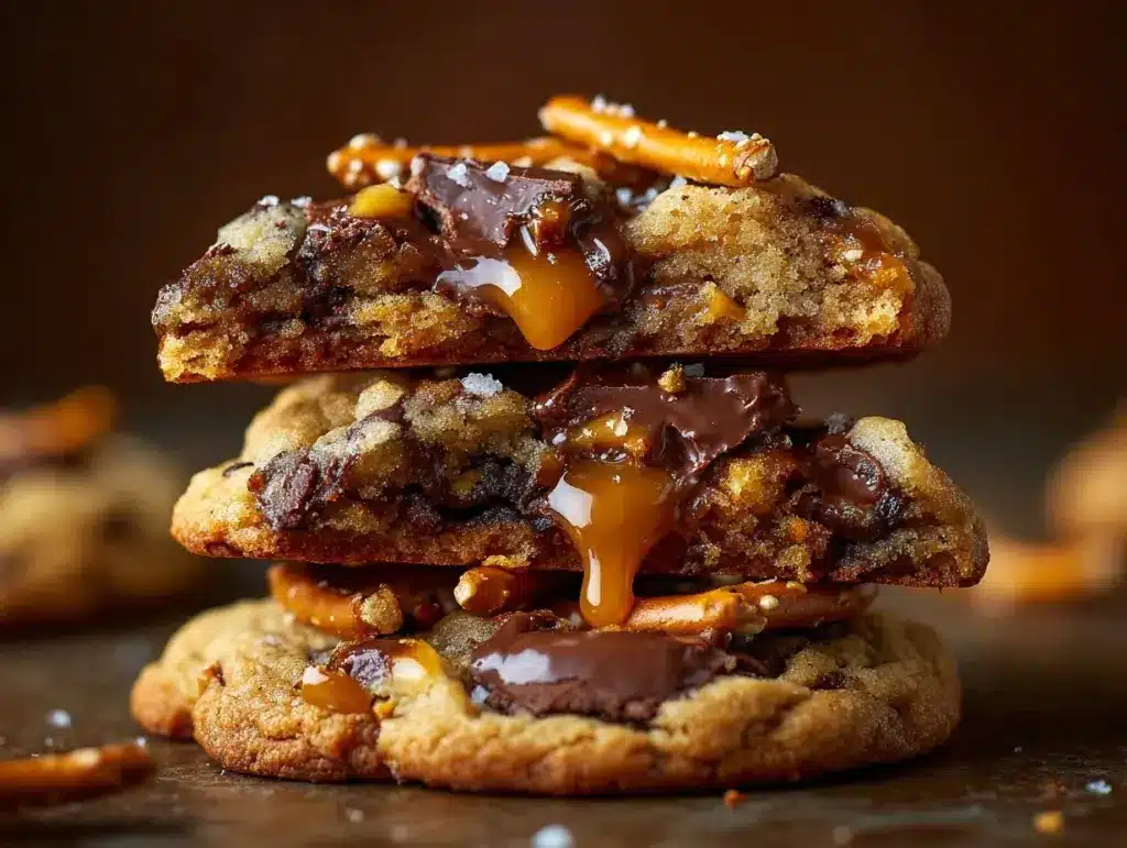 salted caramel pretzel chocolate chunk cookies - featured image
