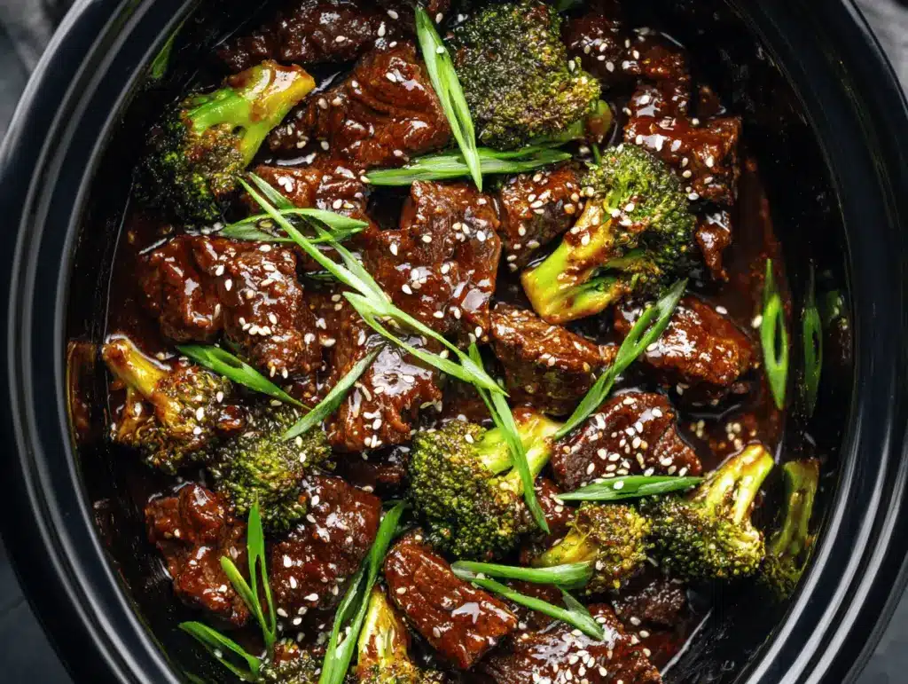 slow cooker honey garlic beef and broccoli - featured image