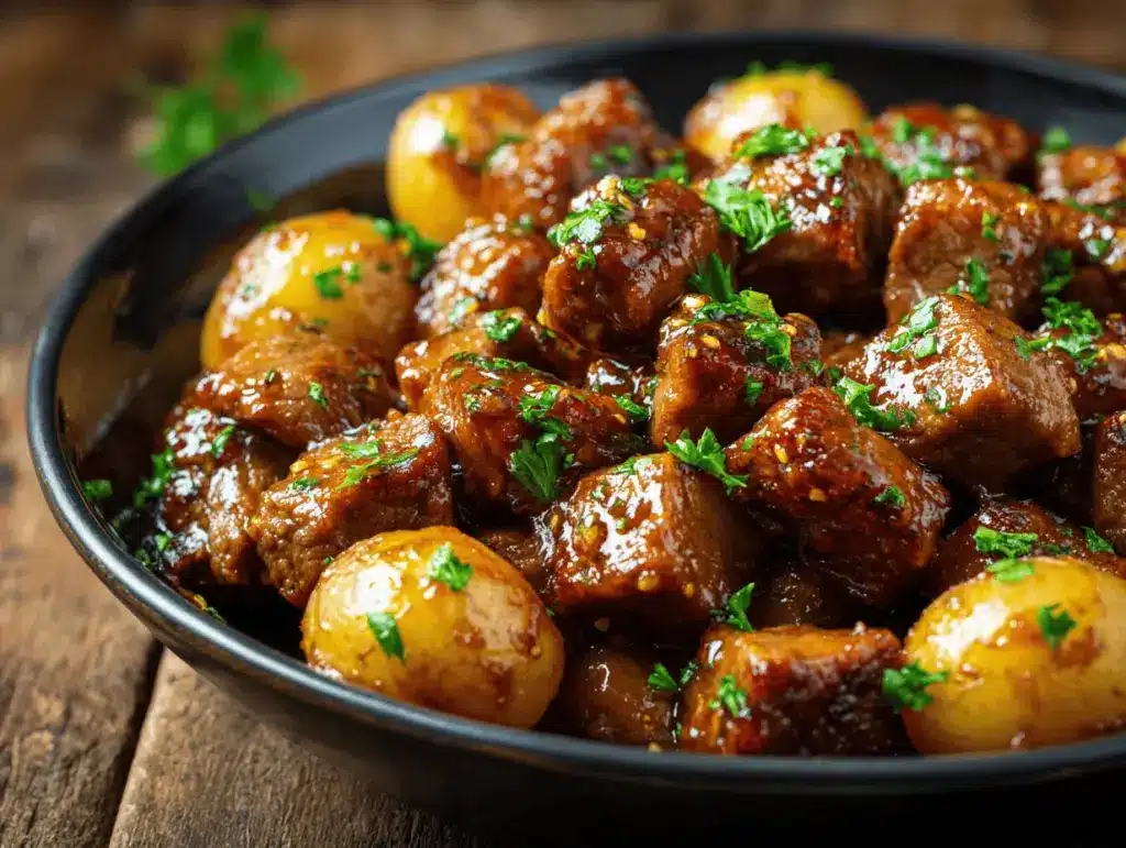 slow cooker honey garlic butter beef bites - featured image