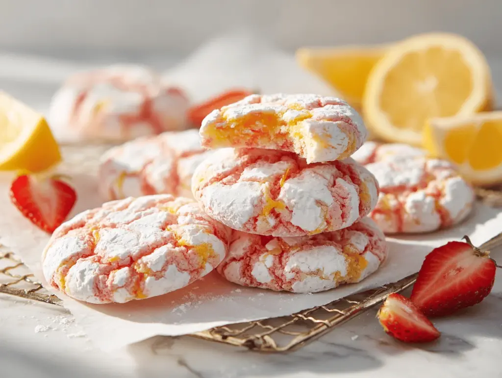strawberry lemonade crinkle cookies - featured image