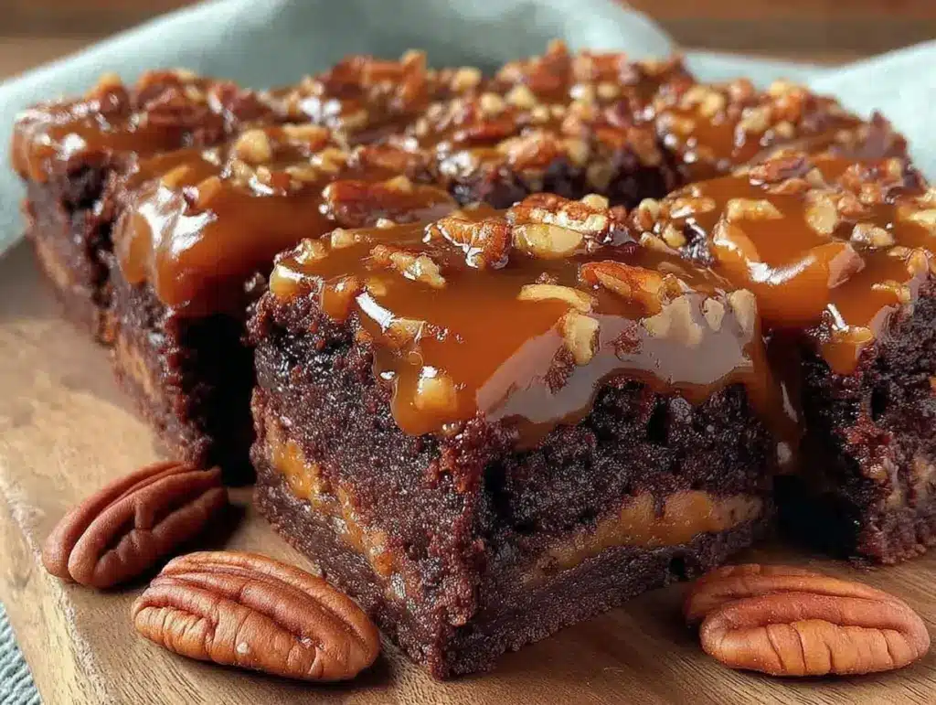 caramel pecan pie brownie bars - featured image