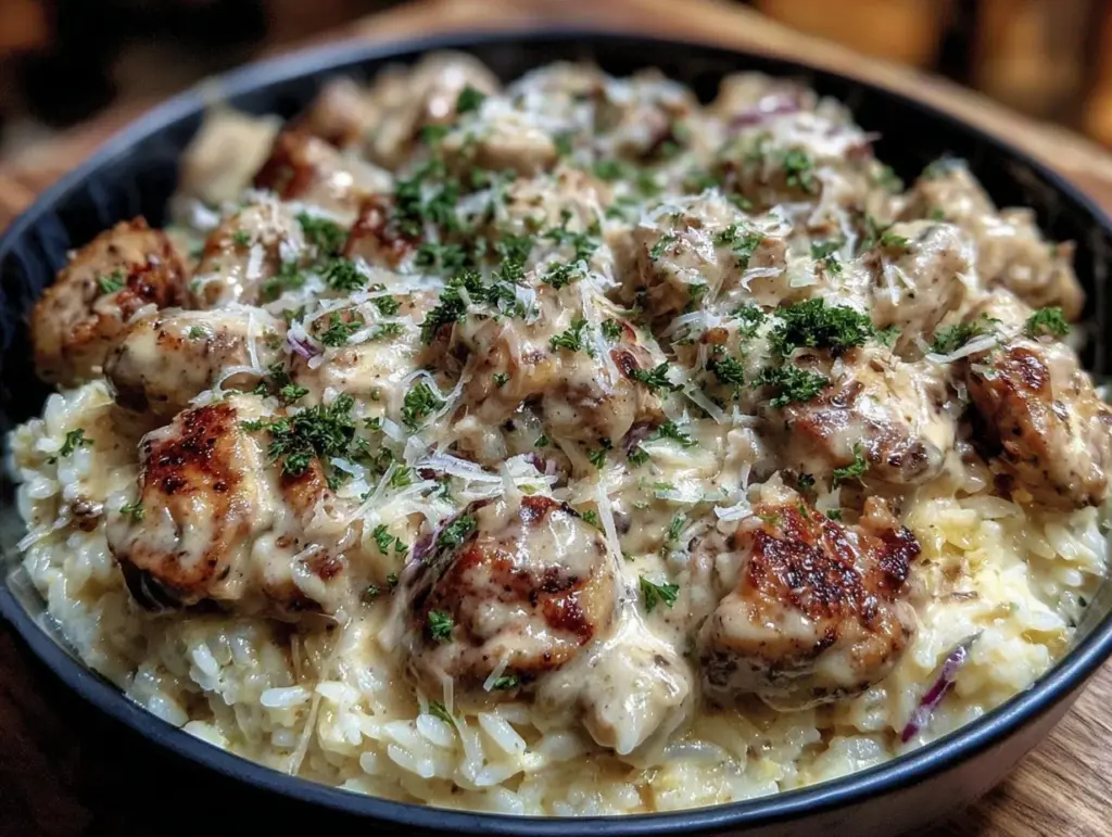 creamy cheesy chicken and rice bake - featured image
