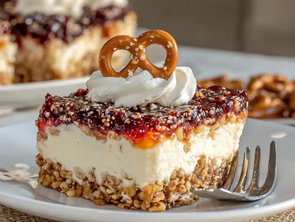 creamy cranberry pretzel salad - featured image